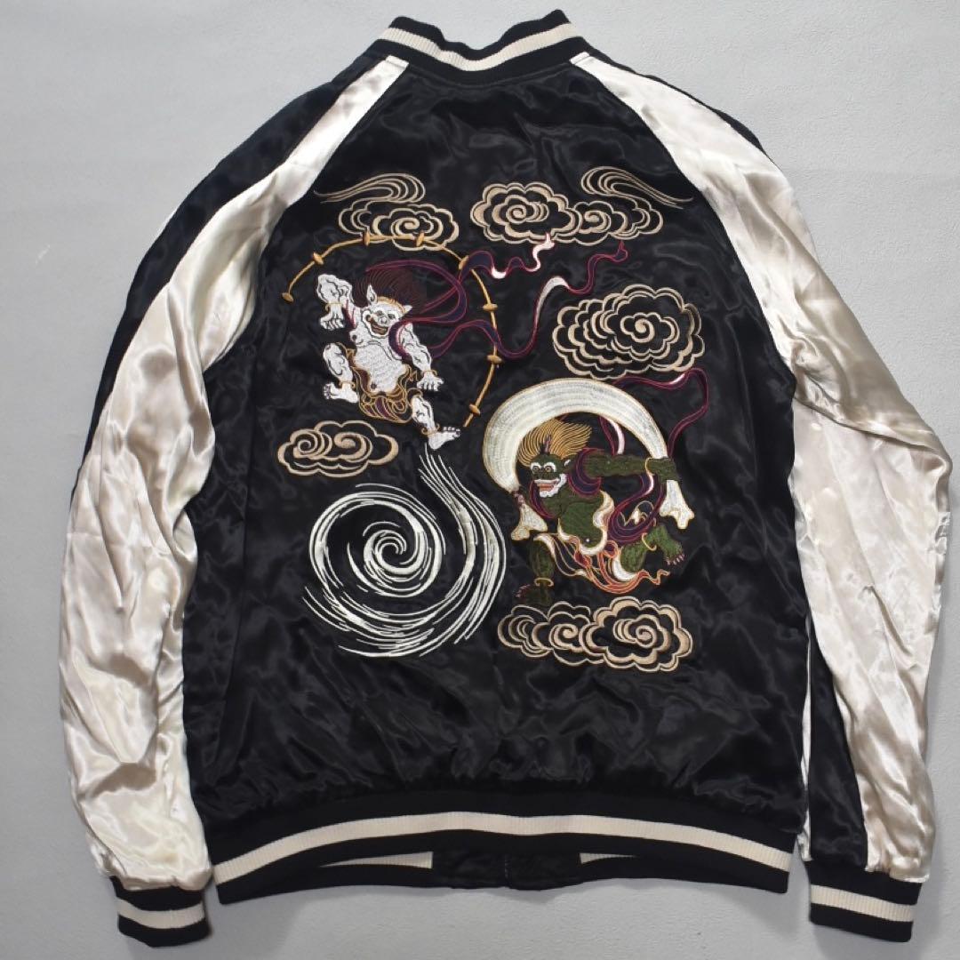 未使用級 花旅楽団 スカジャン 風神雷神 リバーシブル 刺繍 黒×白 L 和柄