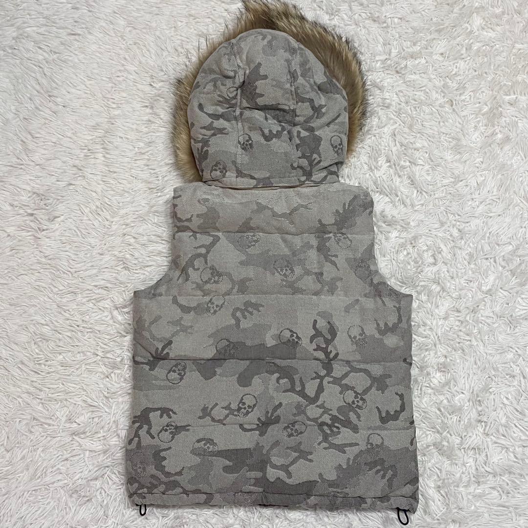 日本製・ルシアンペラフィネ・ダウンベスト・ファー・グレー・スカル柄・XSサイズ