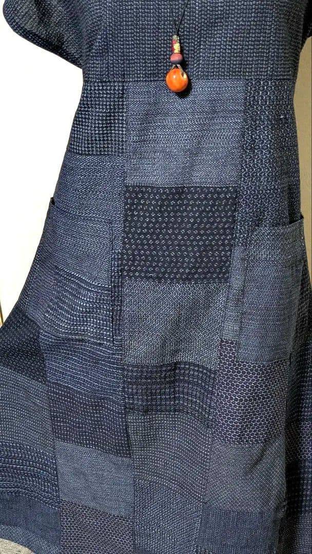 書生紬　古布藍染の着物リメイクロングワンピース　バッチワーク風　108