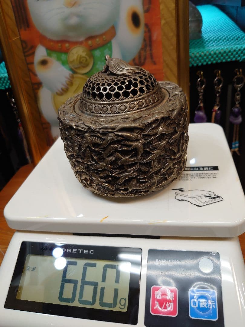 開運 縁起物 千羽鶴 亀 龍香炉  白銅製（洋銀）大明年製