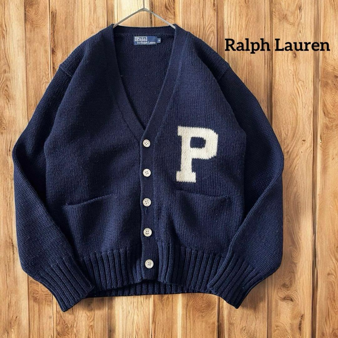 ラルフローレン ウール ニットカーディガン ネイビー Pロゴ M