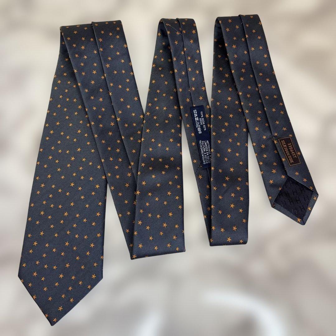 【極美品✨】HERMES ネクタイ　ネイビー　紺　オレンジ　スター　星　刺繍