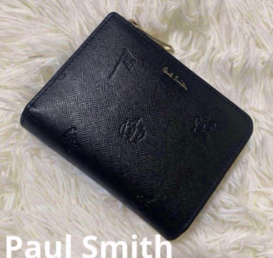 ポールスミス　ポールドローイング 二つ折り財布 レザー 総柄　L字ジップ 黒