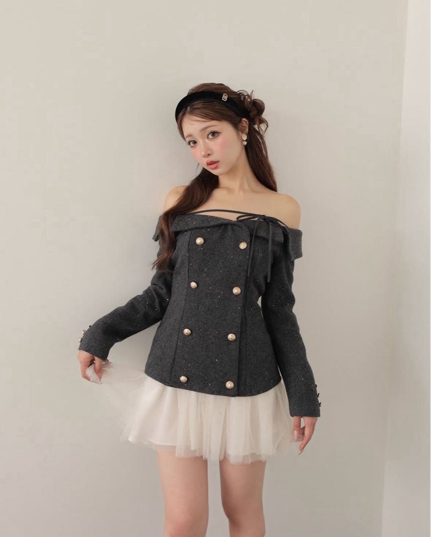 ワンピース Wool herringbone tulle onepiece Mmeeme