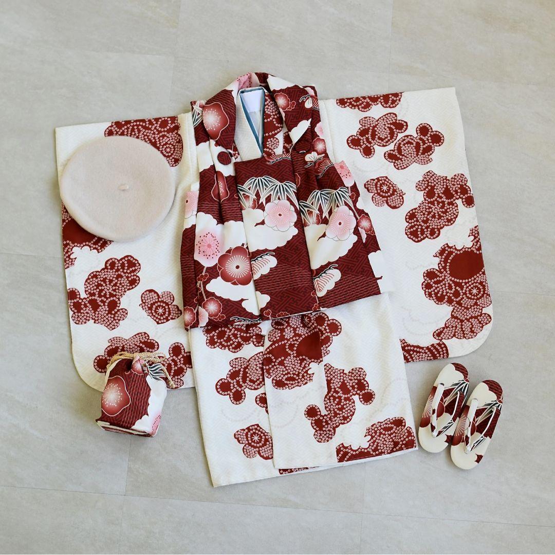 ひよこ商店 七五三 3歳 元禄梅模様×白百合色 絞り柄 レトロ 大正浪漫