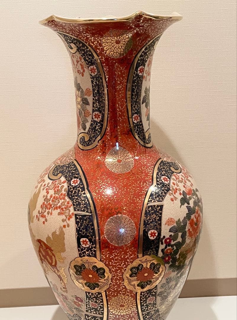 九谷焼 伊万里 陶月 梅牡丹孔雀獅子図金襴手 大花瓶 高さ約76cm