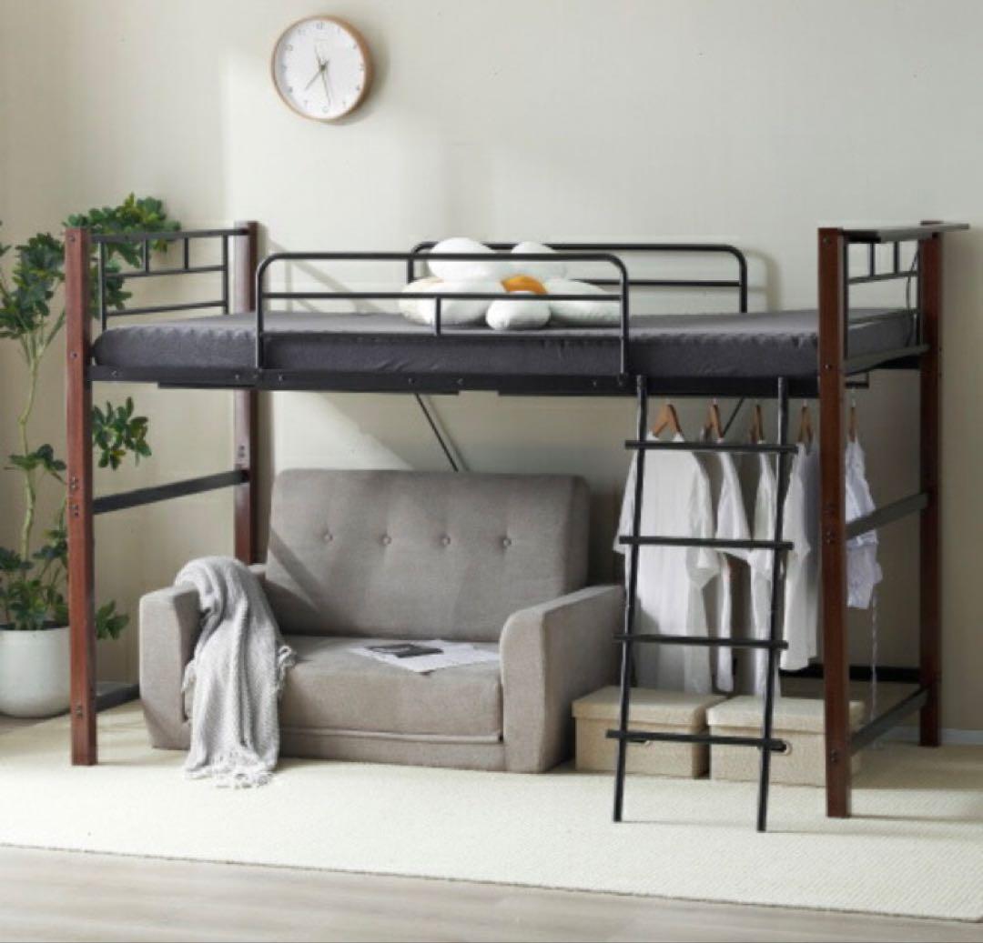 新品　ロフトベッド　階段付き　パイプベッド　シングル　システムベッド　ブラック