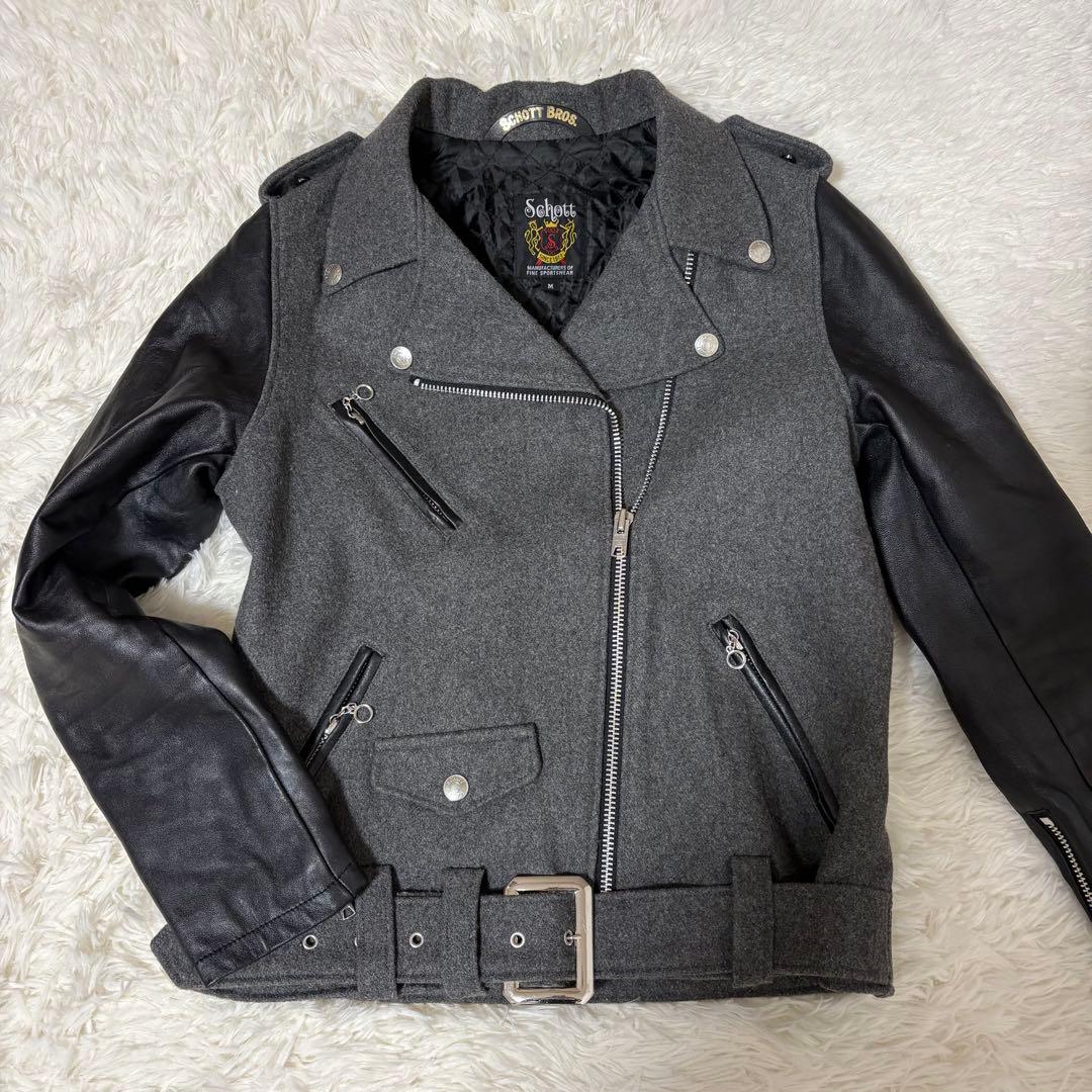激レア【Schott】ダブルライダース レザー ウール切り替え ブラック グレー
