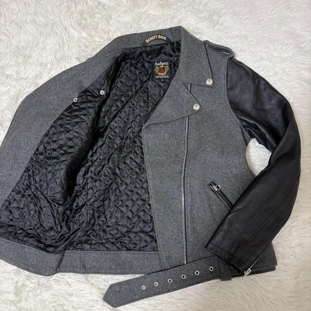 激レア【Schott】ダブルライダース レザー ウール切り替え ブラック グレー