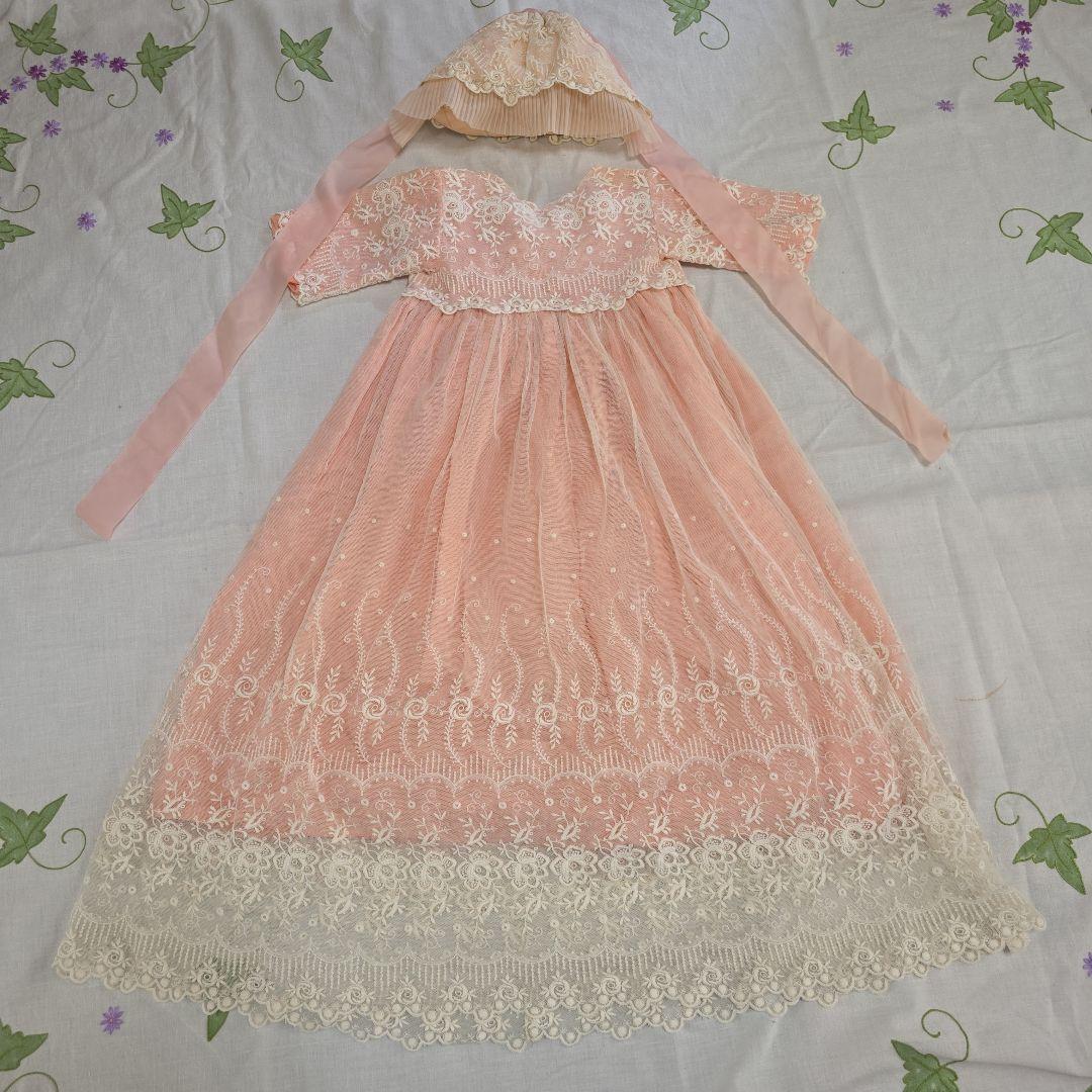 アンティークビスクドール　ドレス　フランスアンティーク　レースドレス　ボネ付き