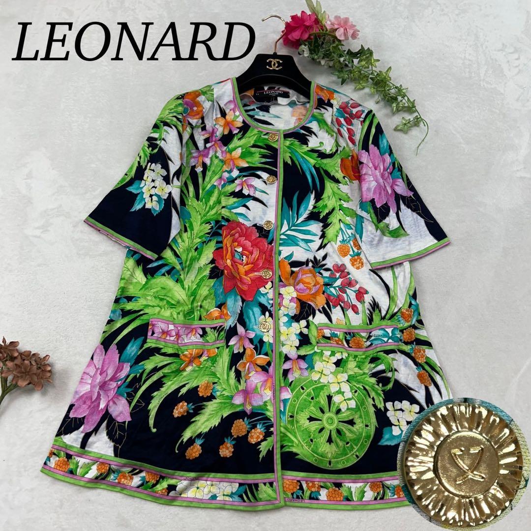 J10 美品 M レオナール 花柄 金ボタン 半袖 シャツ レディース