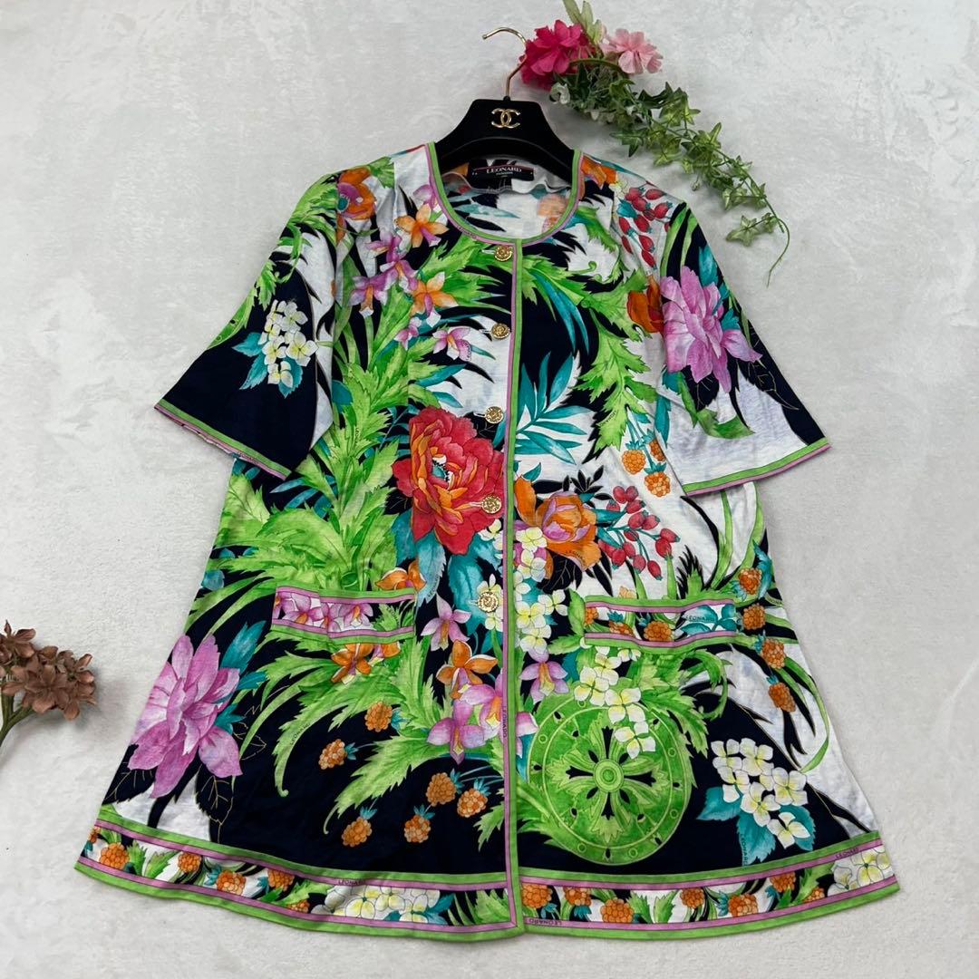 J10 美品 M レオナール 花柄 金ボタン 半袖 シャツ レディース