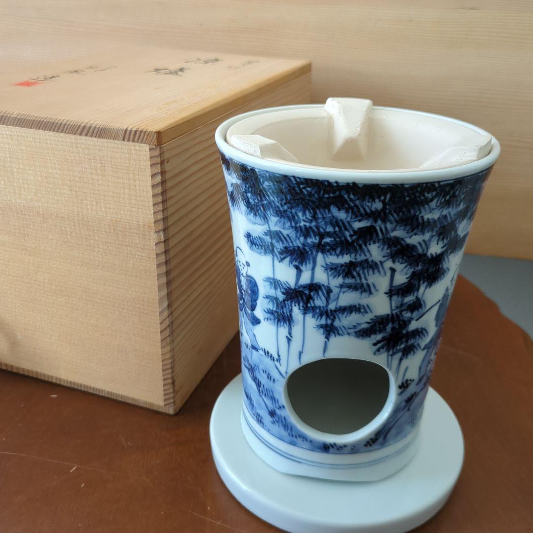 涼炉　煎茶道具　染付　竹　茶道具　煎茶道具　白鳳造　木箱　炉