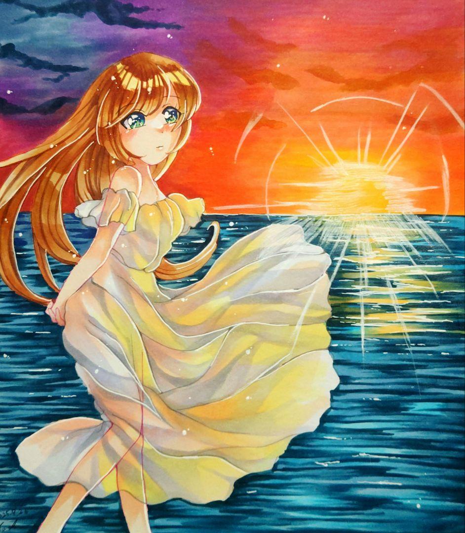 最終値下げ中！　夕焼けの海　コピック　原画　イラスト