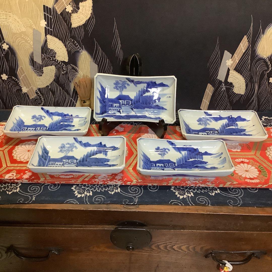 古伊万里　長皿　長方皿　山水楼閣　絵皿　5客　李朝・輪島・九谷焼・輪島塗好き