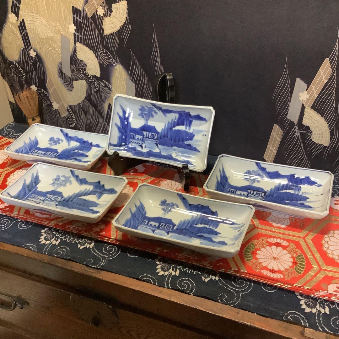 古伊万里　長皿　長方皿　山水楼閣　絵皿　5客　李朝・輪島・九谷焼・輪島塗好き