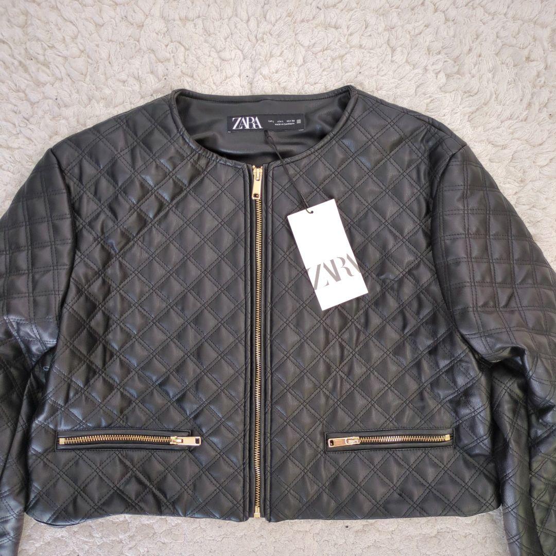 新品 ザラ ショートキルティング フェイクレザーブルゾン ジャケット L