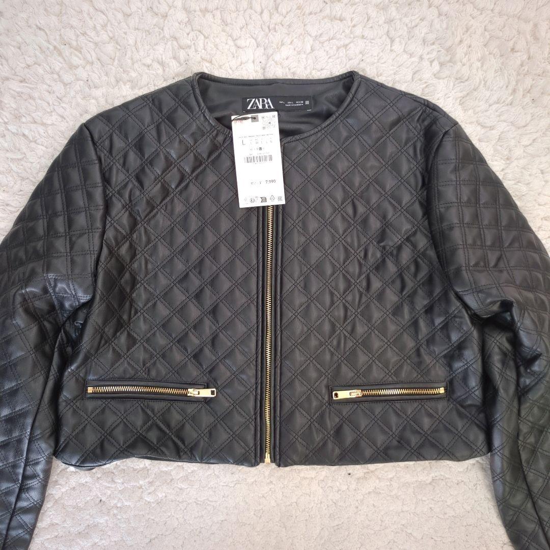 新品 ザラ ショートキルティング フェイクレザーブルゾン ジャケット L