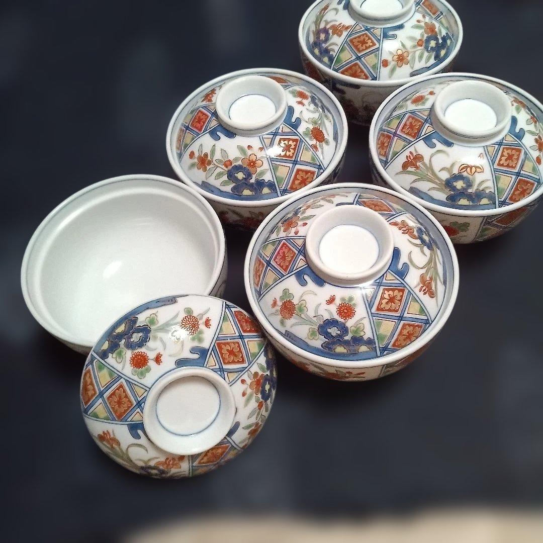 有田焼　其泉窯　染め錦地紋草花紋金彩　雑煮椀、蓋付き丼5個