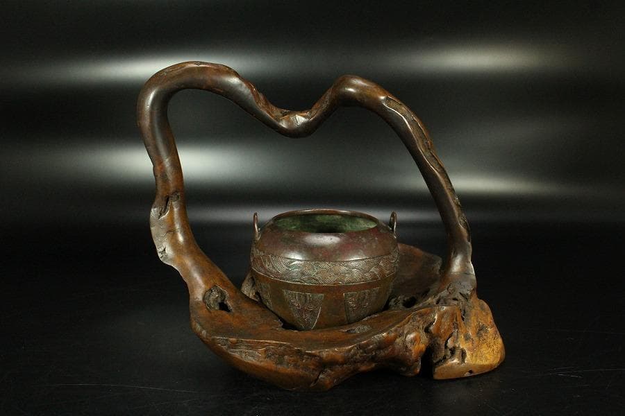 茶道具 奇木 手付 煙草盆 古銅火入 香炉 珍品(K-YC391)
