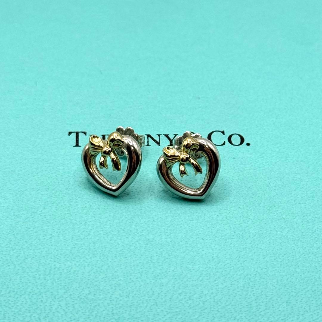 美品 ティファニー ピアス リボン ハート コンビ 750 925