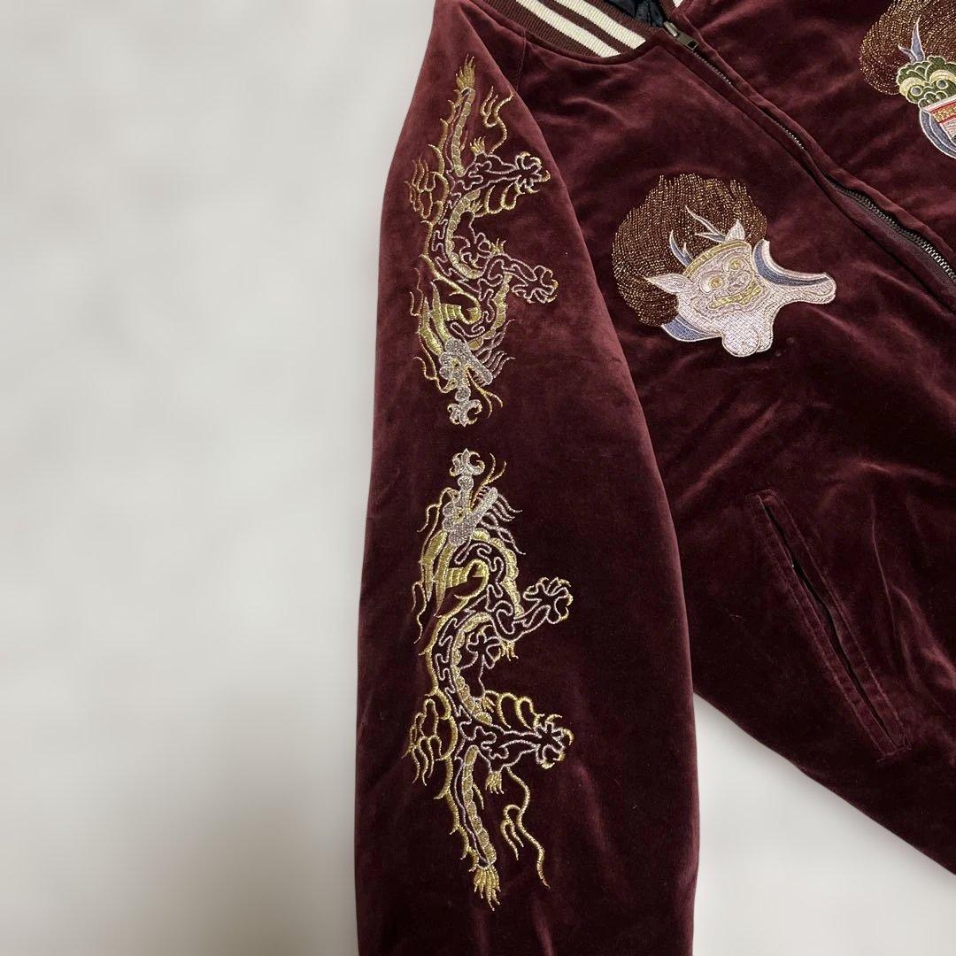 SLIDER風神雷神刺繍 スカジャン ブルゾン ベルベット ワインレッド