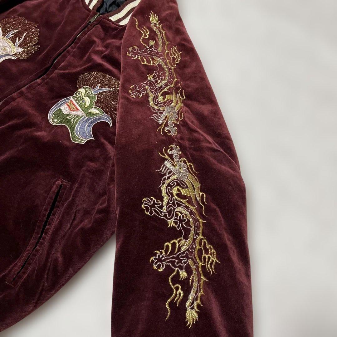 SLIDER風神雷神刺繍 スカジャン ブルゾン ベルベット ワインレッド
