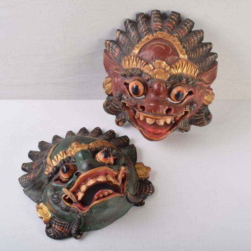バリ島　インドネシア　木彫彩色　バロン　面　壁飾　一双　V　9089