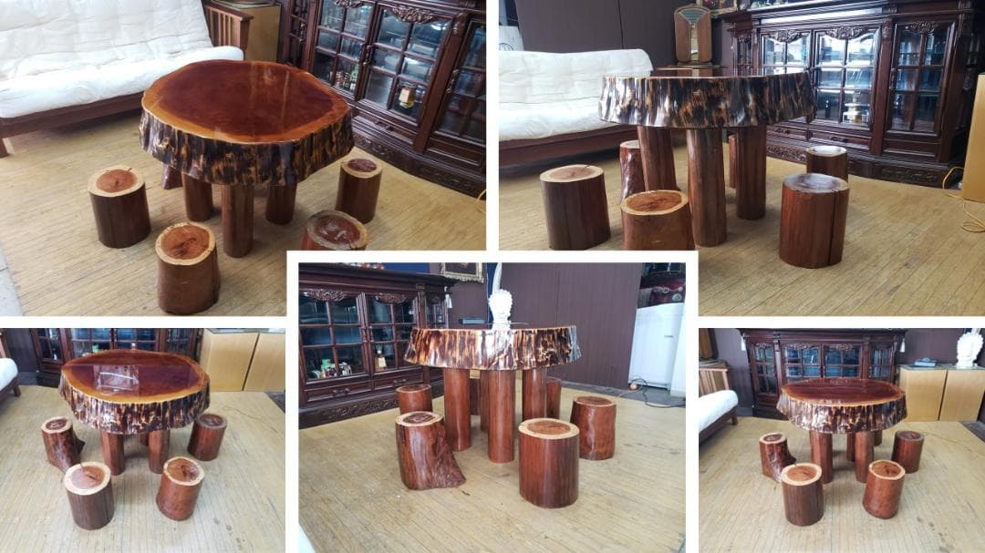 H16　一枚板　丸太脚　 厚み18.5㎝ カウンターテーブル ＆ 丸太椅子6脚