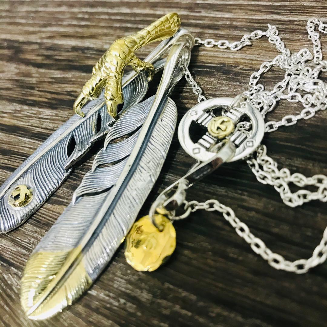 [高品質] silver925 金爪フェザー 先金フェザー 金メタル ネックレス