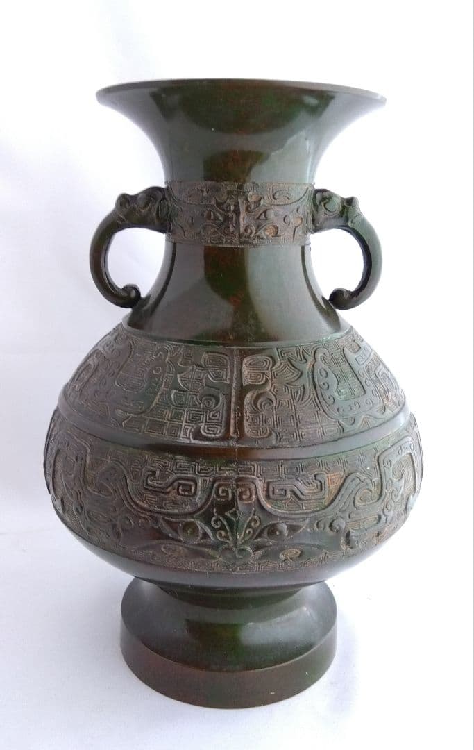銅製耳付き花瓶②　真峰　象耳　昭和レトロブロンズ花瓶　高さ30.4cm