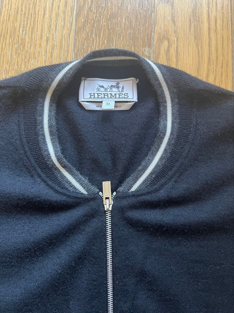 HERMES ネイビー カーディガン Mカシミヤシルク