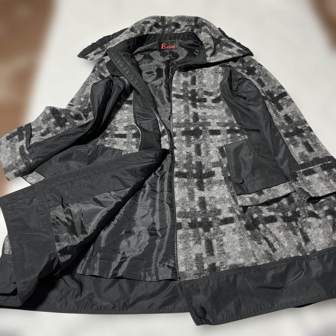 E-clat エイココンドウ　ビッグ襟　ウールブレンド異素材コート裾バルーン42