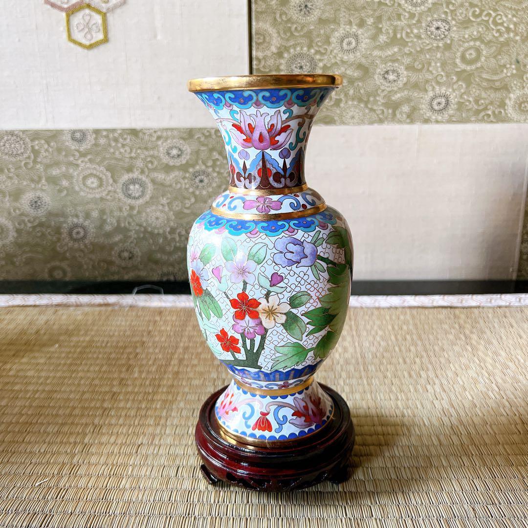 中国古美術 七宝焼　　色絵花鳥柄花瓶　花器　フラワ－ベ－ス　台座・箱付き