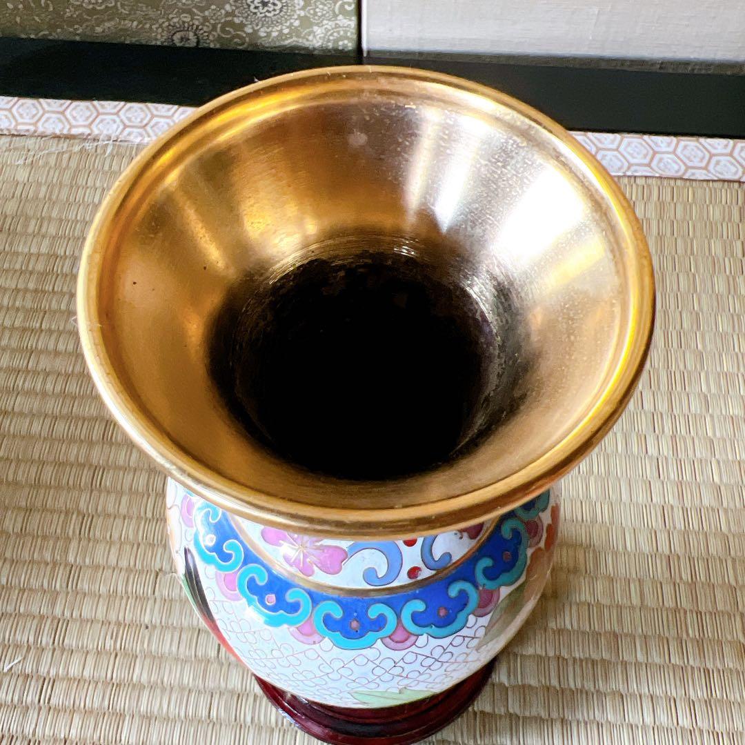 中国古美術 七宝焼　　色絵花鳥柄花瓶　花器　フラワ－ベ－ス　台座・箱付き