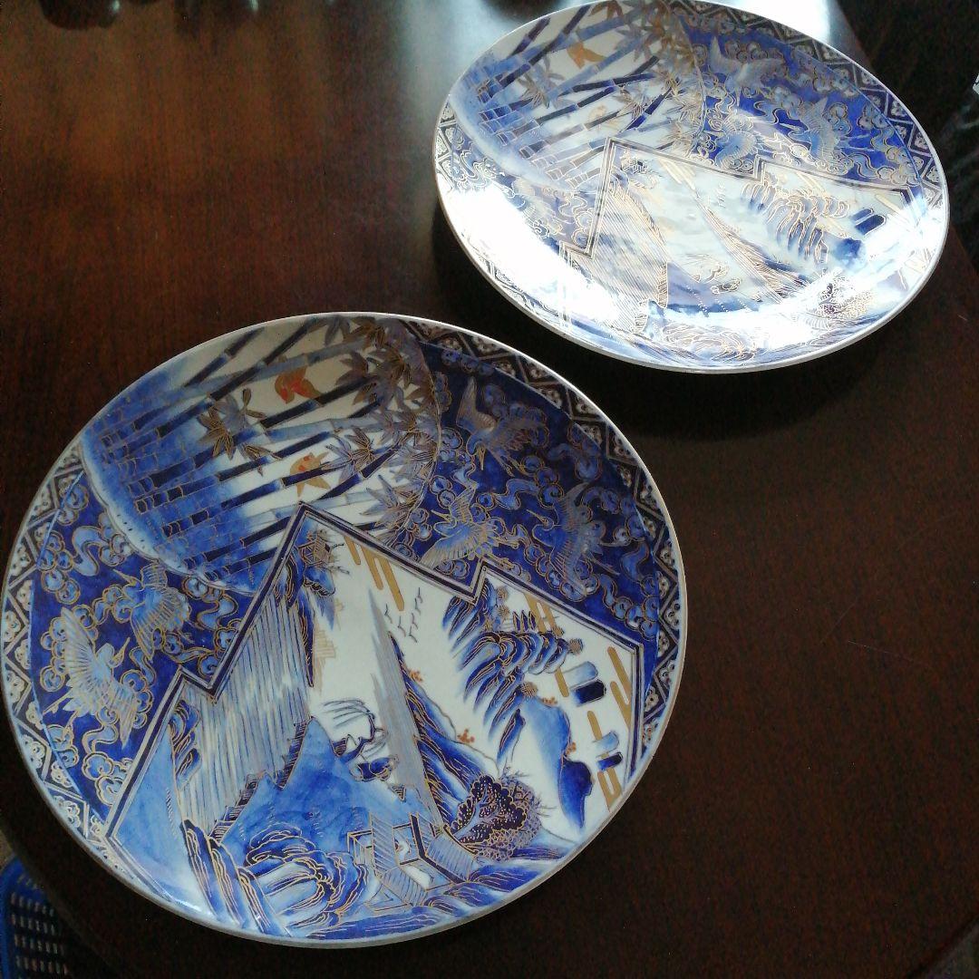 伊万里　ヤマトク　金彩染付大皿　2枚　46cm　明治～大正期