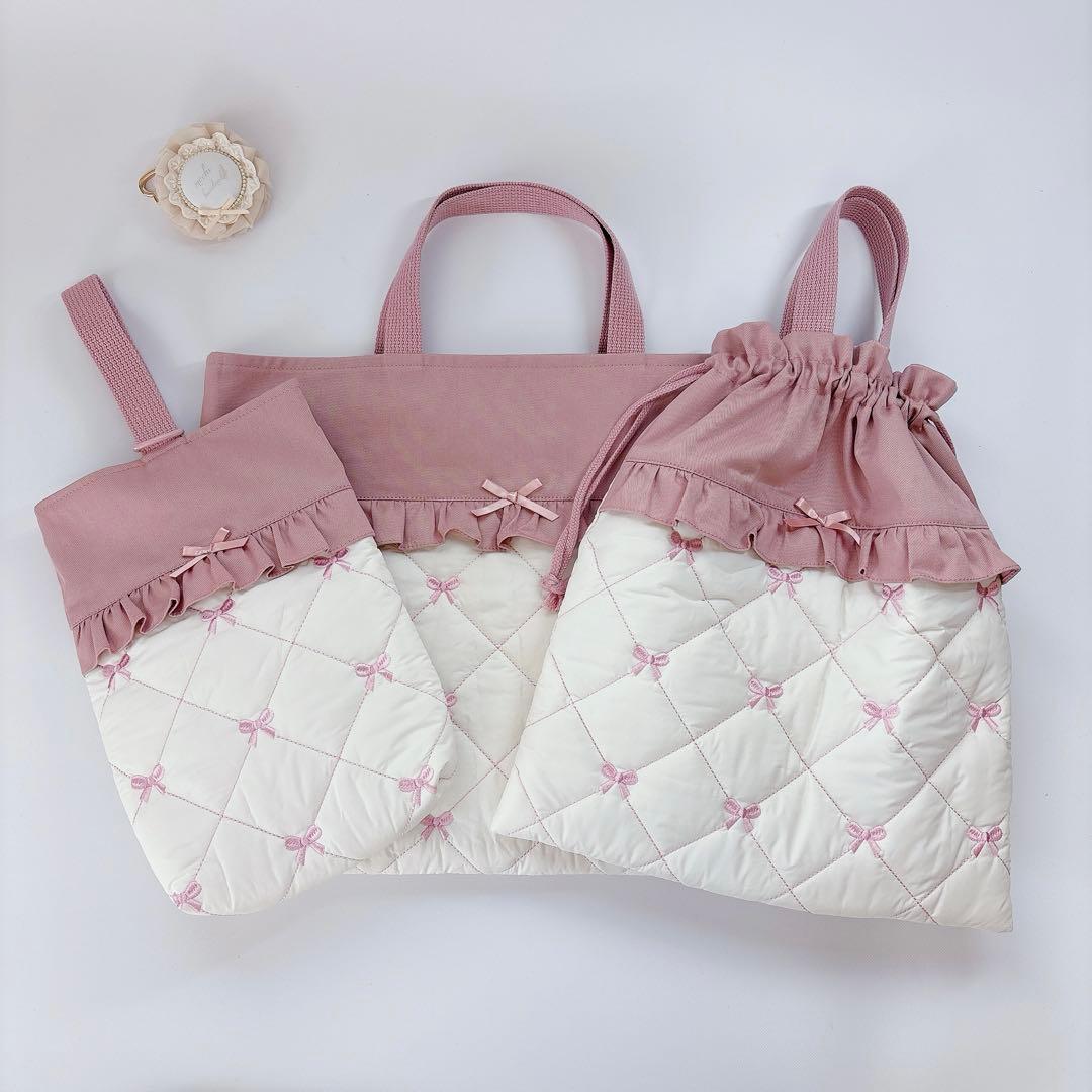 ヌビ　りぼん　刺繍生地　レッスンバッグ　上履き袋　体操着袋　キルティング　キルト