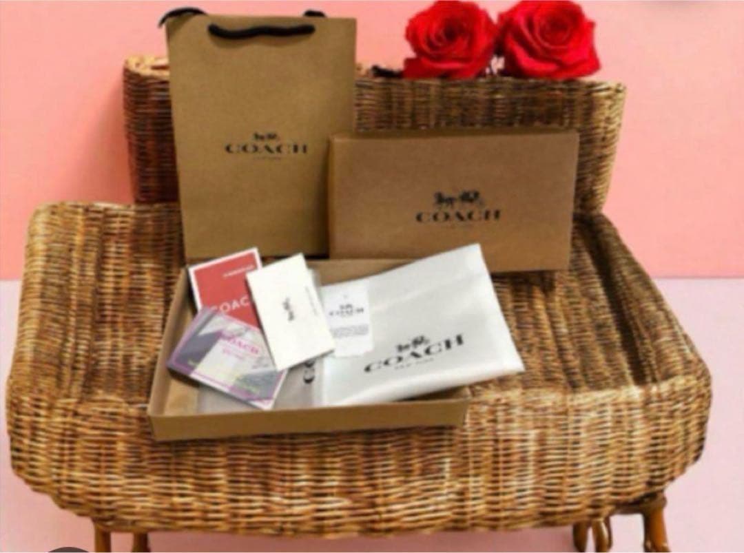 【新品】COACH 二つ折り財布ブラウン/レッドシグネチャー