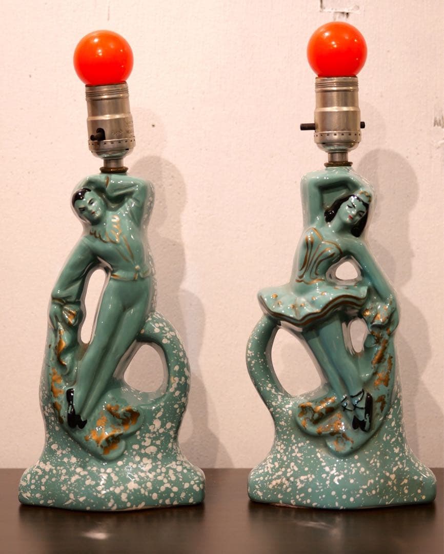 1950'sビンテージ アクアブルー ハーレクインシェードランプ 2点セット
