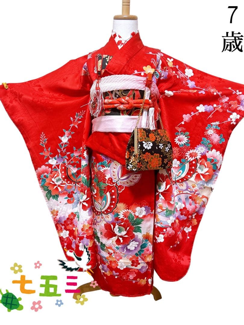 王道!!正絹赤系♡七五三　7歳　女の子　フルセット　一式　黒