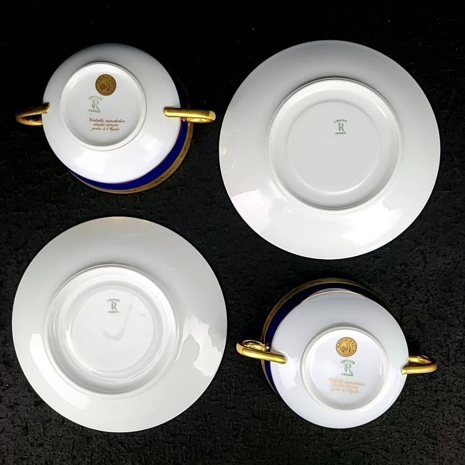 ♪美品♪レイノー　リモージュ　金彩　コバルトブルー　スープカップ&ソーサー　2客