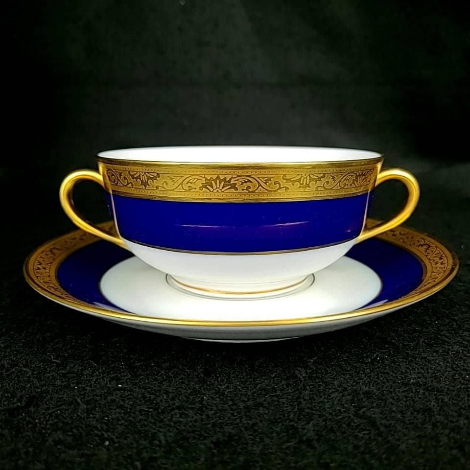 ♪美品♪レイノー　リモージュ　金彩　コバルトブルー　スープカップ&ソーサー　2客