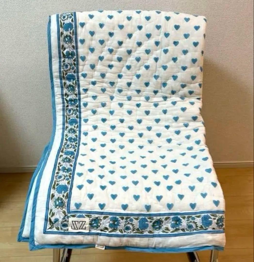SZblockprintBabyblanketキルトベビーブランケットハート柄