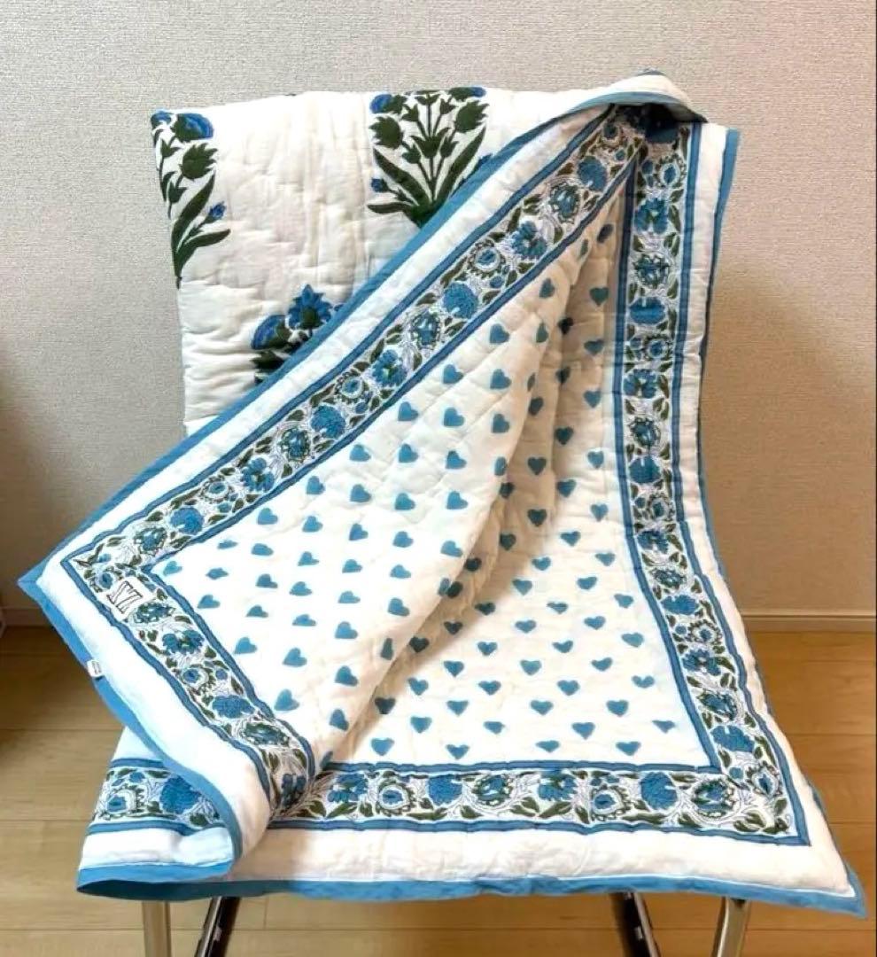 SZblockprintBabyblanketキルトベビーブランケットハート柄