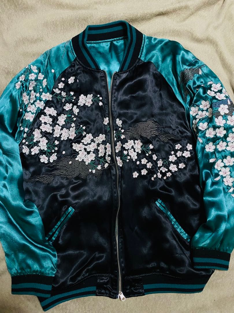２面用 絡繰魂 骸骨 桜 日本限定 スカジャン unisex レーヨン グリーン