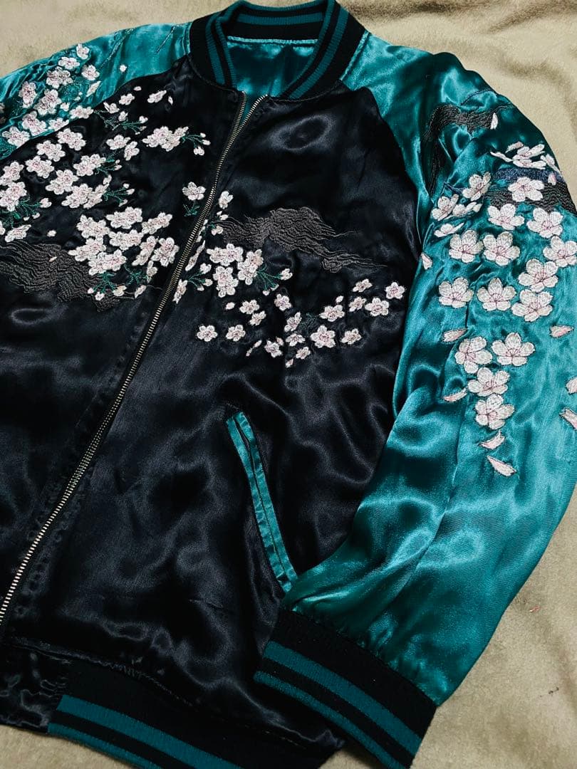 ２面用 絡繰魂 骸骨 桜 日本限定 スカジャン unisex レーヨン グリーン
