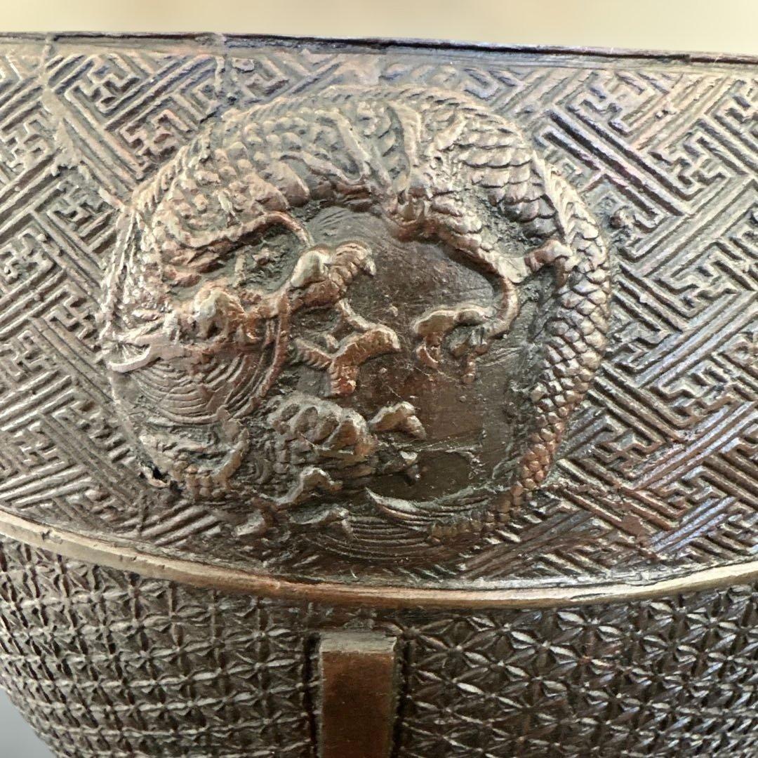 【アンティーク　骨董品】真鍮製　銅製耳付き花瓶　龍　鳳凰　茶道具　銅鉄器　縁起物