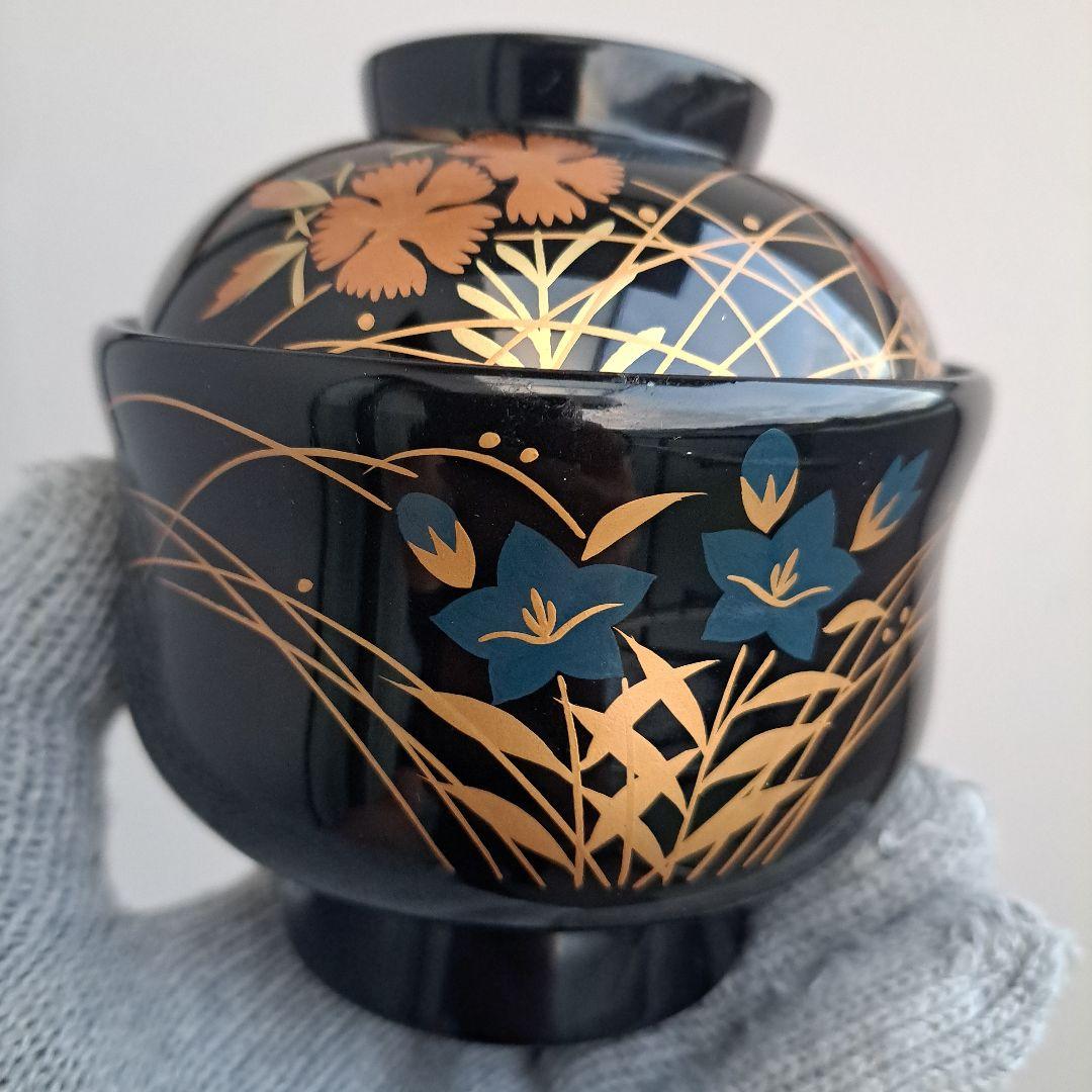 【輪島塗　秋草蒔絵　小吸物椀×5客】布着本堅地　長期保管品