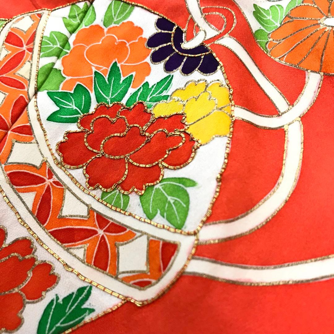 梅乃【082】正絹　7歳　四つ身　着物　朱色　鈴　手描き友禅　本加工　上質