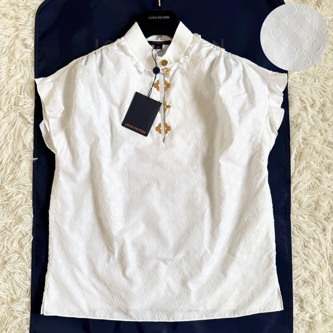 新品タグ付　21SS　ルイヴィトン　シャツ　モノグラム　総柄　フリル　L相当　白